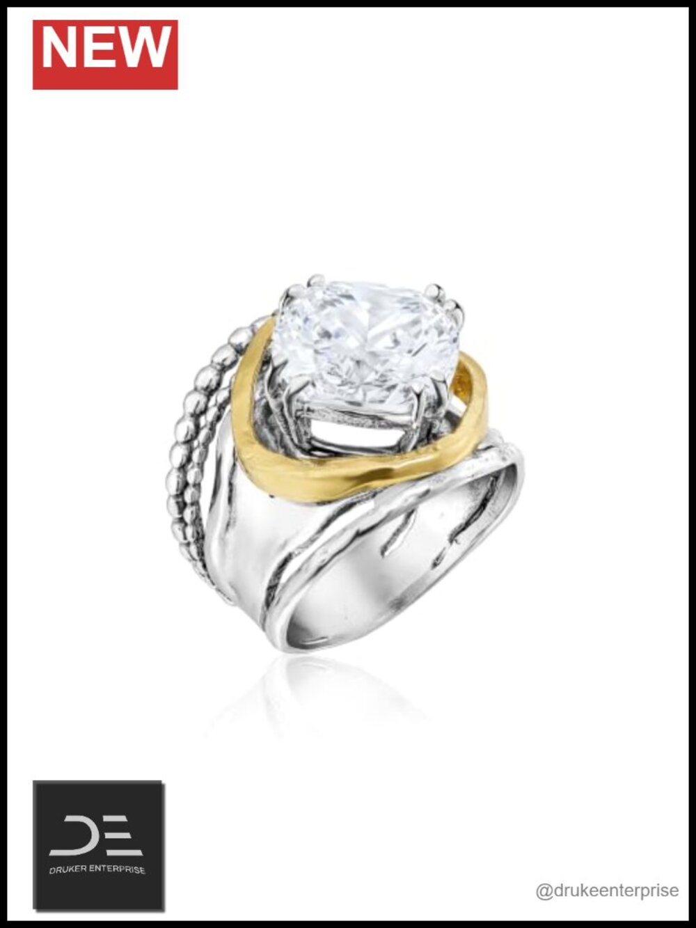 925 Sterling Silver Mixed Metal Cushion CZ Chain Ring Women's Statement Jewelry